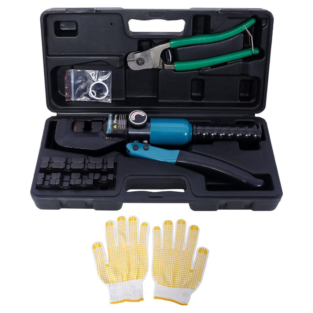 Hydraulic Hand Crimper Tool,Hydraulic Wire Terminal Crimper Swager Battery Cable Lug Crimping Swaging Tool with 9 Pairs Dies,one pair glove