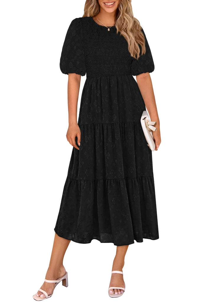 Women's Chiffon Dress for Summer Casual Wear with Short Sleeves Round Neck and Long One Line Style