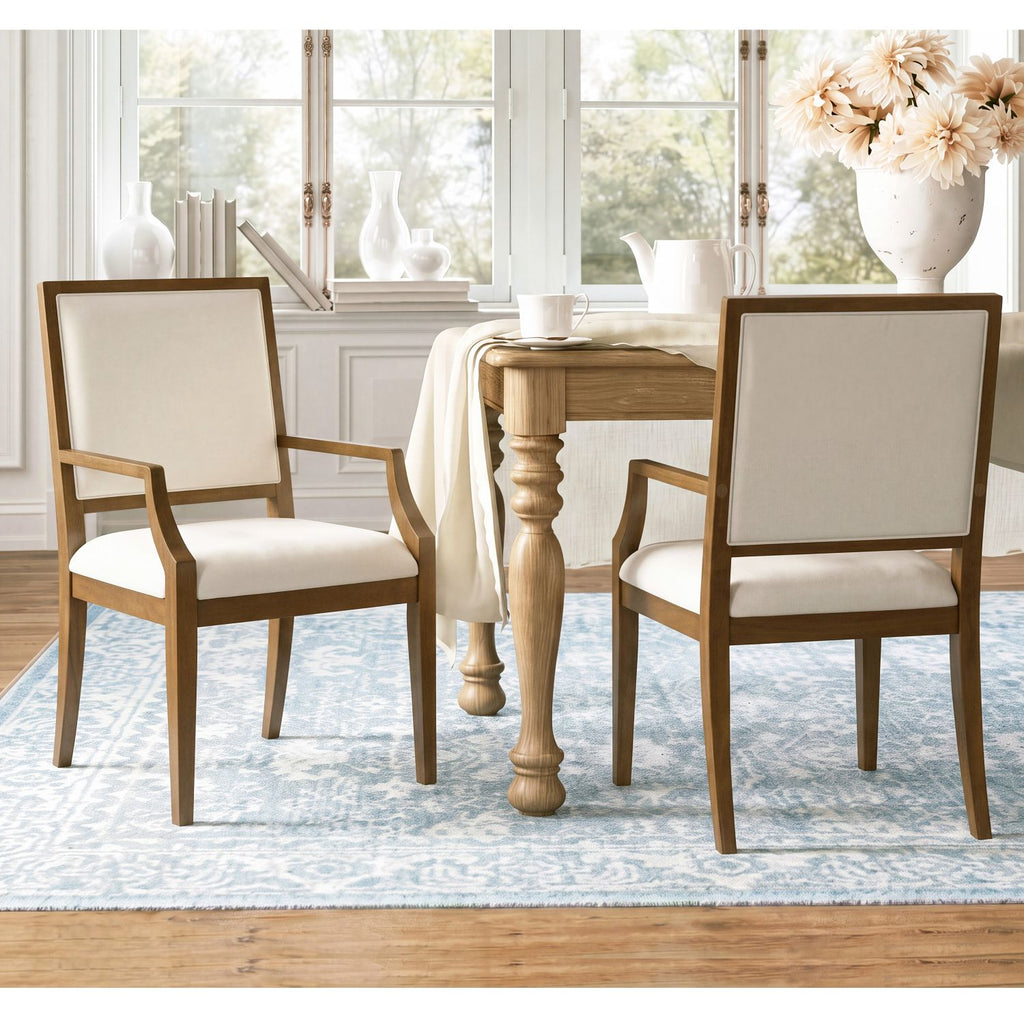 Indoor Upholstered Arm Dining Chairs With Rubber Wood(Set of 2),Walnut+Beige