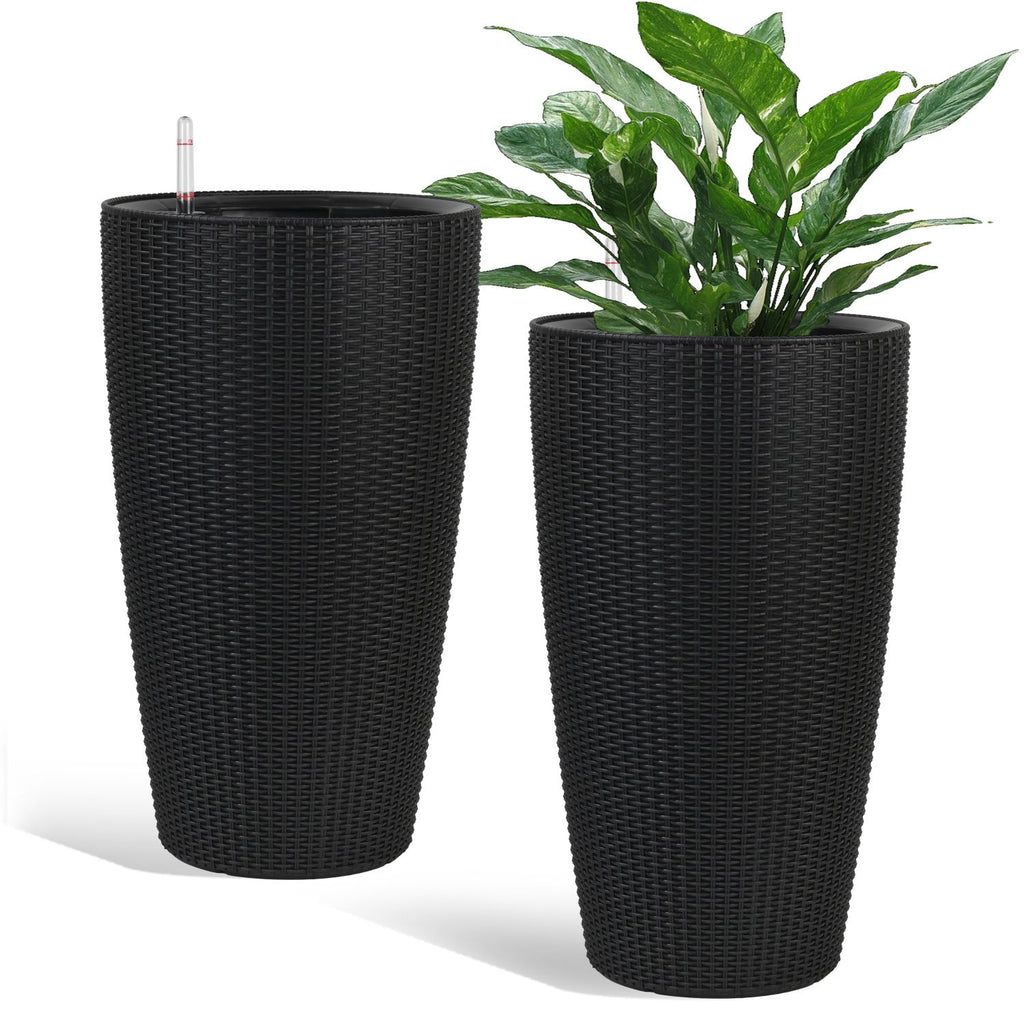 Indoor/Outdoor Modern The appearance is made of imitation rattan Design Planter,22.5 inch Black Plastic Large Plant Pot With Automatic Watering System for Home and Garden (Black, 22.5 inch - 2 Pack)