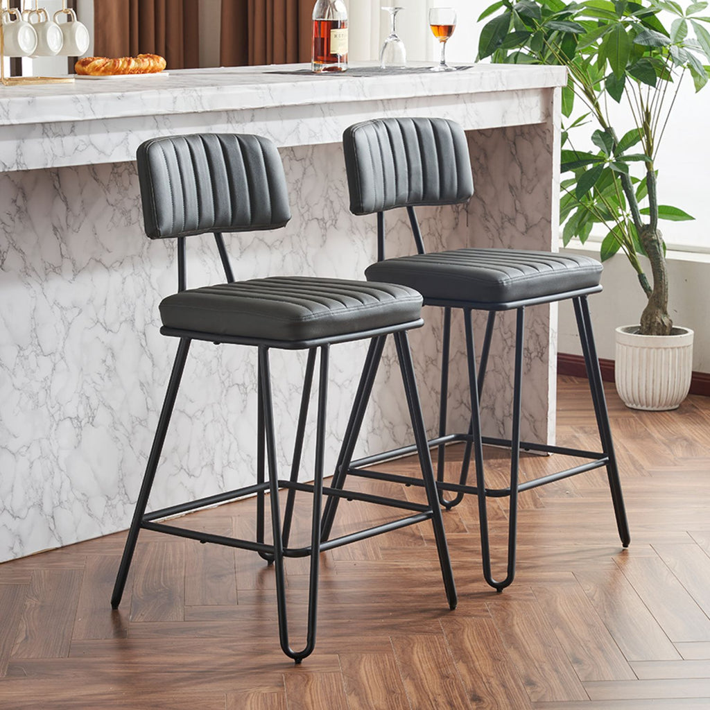 Industrial Bar Stools Set of 2, Counter Height Chairs with PU Leather Upholstery & Metal Frame, Vintage Bar Chairs with Backrest & Footrest for Kitchen Island, Dining Room, Home Bar, Grey