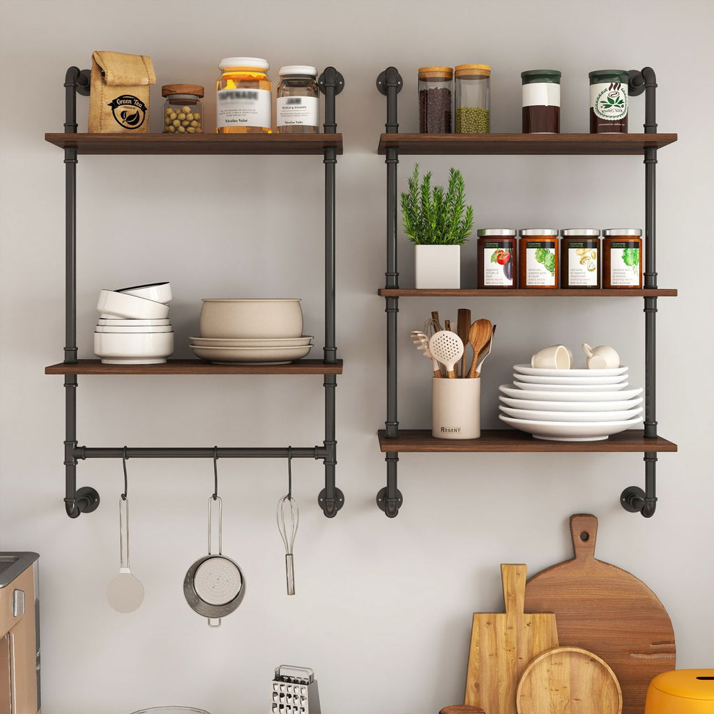Industrial Pipe Shelf 3 Tier and 2 Tier Wall Mounted Shelves 36in Wood Display Shelves, and 3 additional hooks,Farmhouse Kitchen Bar Shelf, DIY Bookshelf Unit Hanging Wall Shelves for Bedroom...