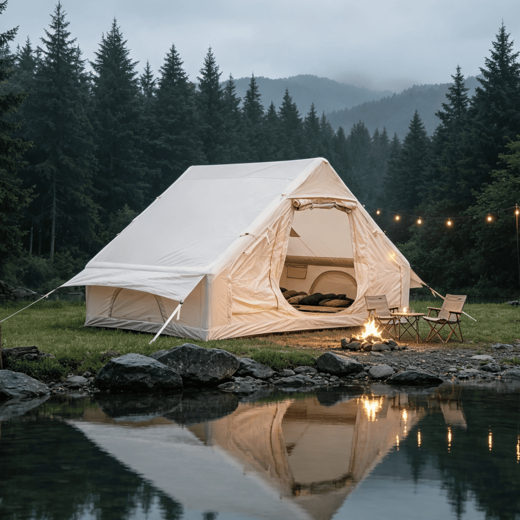Inflatable Camping Tents with Hand Pump, Air Glamping Tents, Easy Setup Waterproof and Windproof Blow up Tent, 4 Seasons Oxford Cabin Tent with Mesh & Chimney Window.