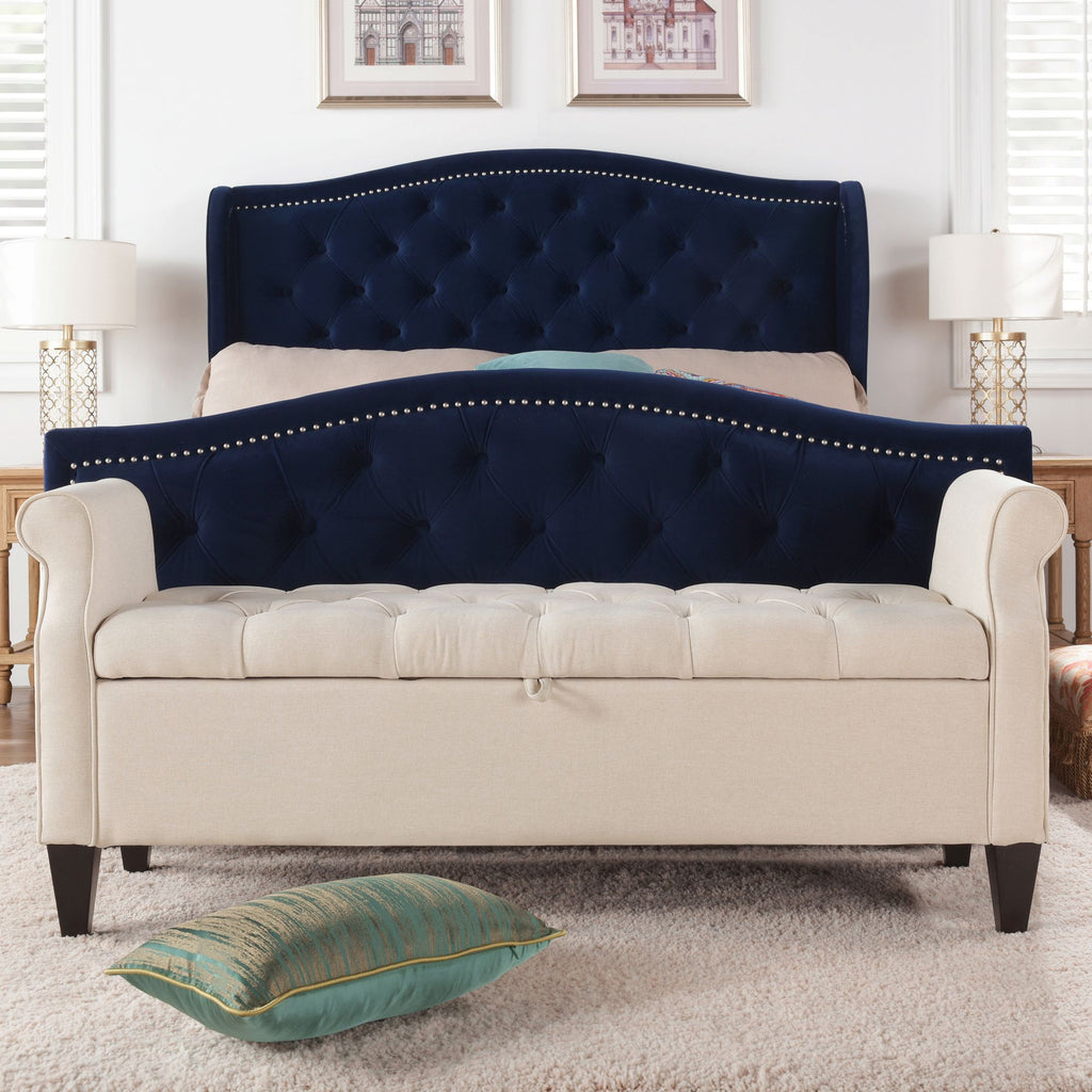 Jacqueline 57.5" Tufted Roll Arm Storage Bench, Sky Neutral Beige Polyester