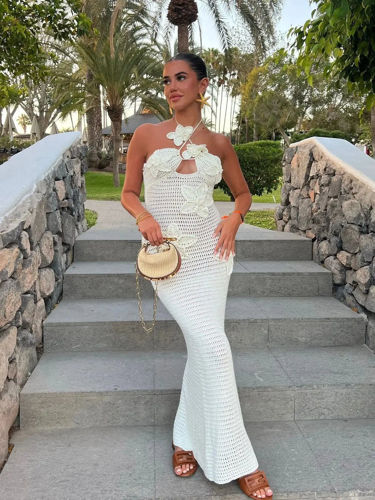 Sexy 3D Flower Knitted Dress for Women Hollow Out Halter Sleeveless Beach Maxi Dress Summer Vacation Ladies Vestidos