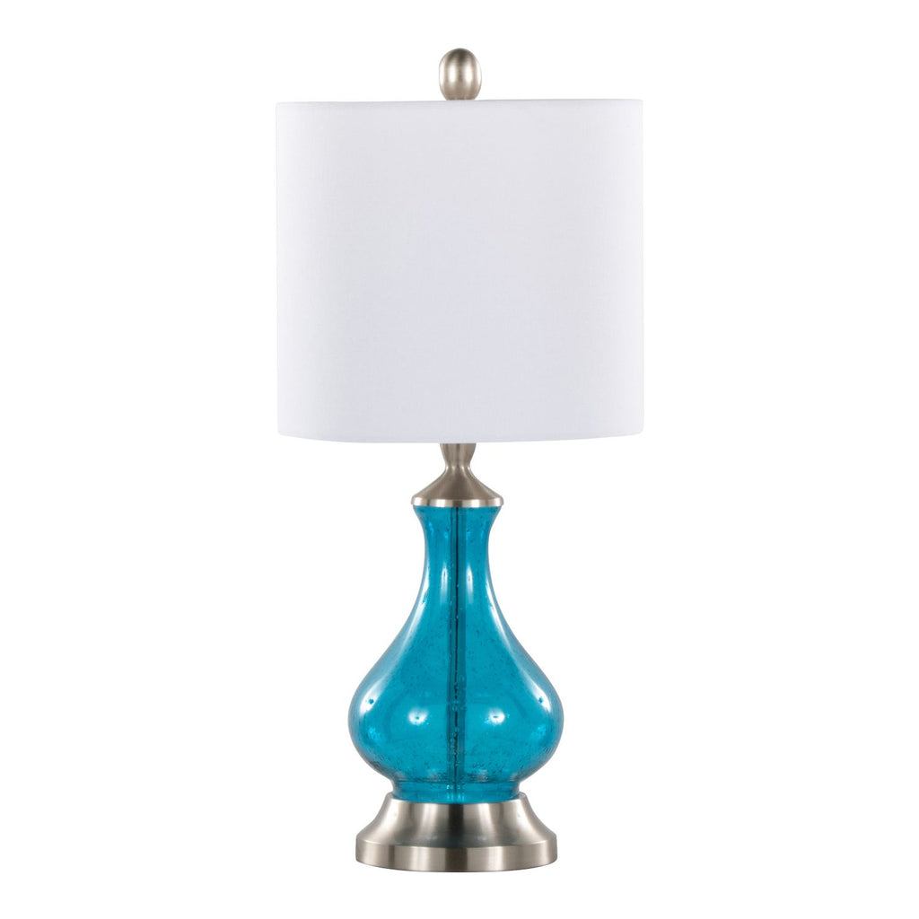 Jasmine 22" Contemporary Glass Accent Lamp in Clear Sapphire Blue Seeded Glass, Brushed Nickel and White Linen Shade from Grandview Gallery by