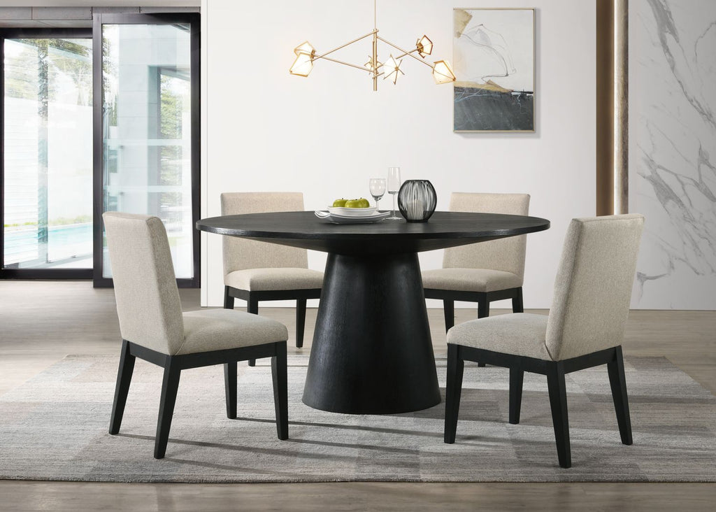 Jasper Ebony Black 5 Piece 59" Wide Contemporary Round Dining Table Set with Beige Fabric Chairs