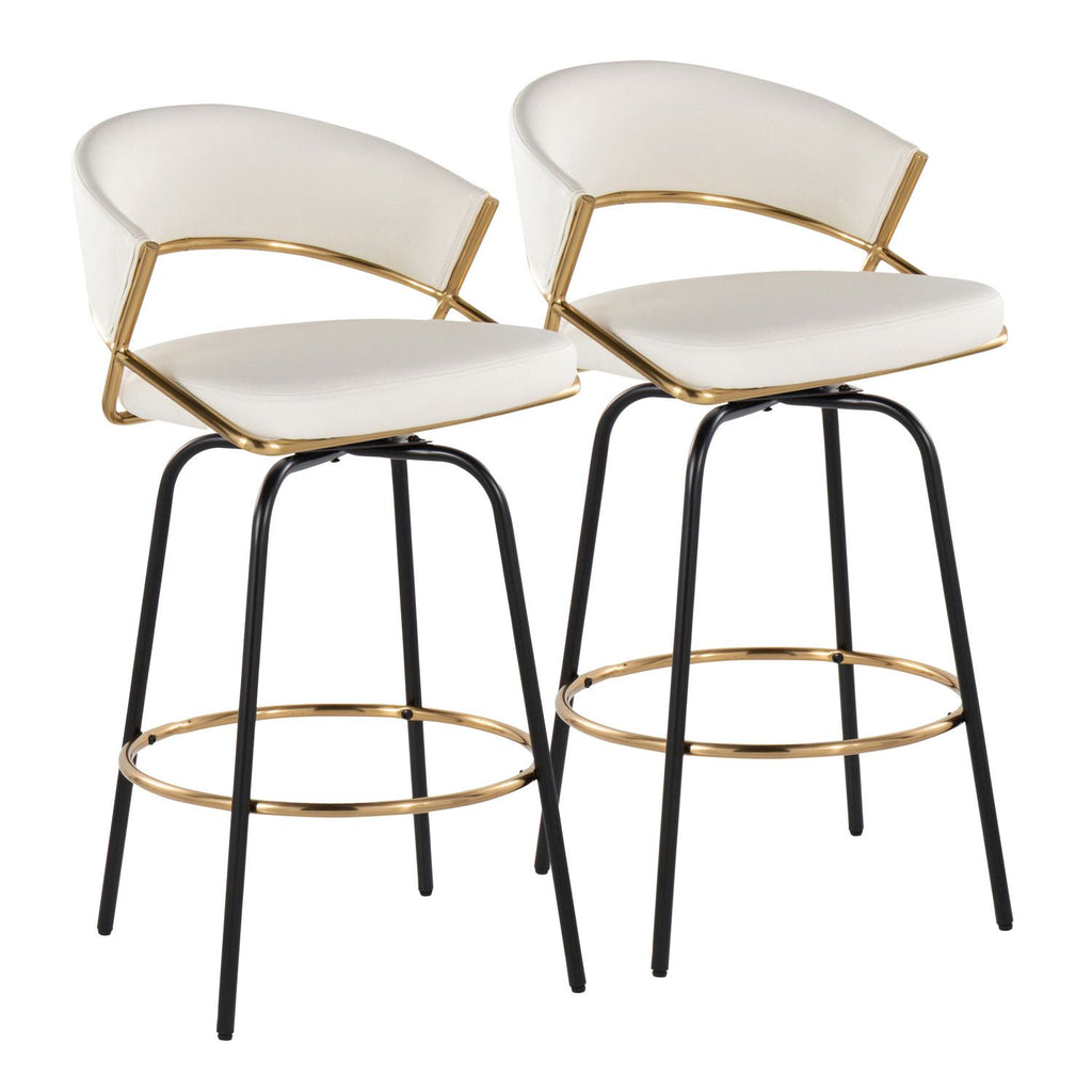 Jie 26" Fixed-Height Contemporary Counter Stool with Swivel in Gold Metal and White Faux Leather with Black Metal Legs and Round Gold Metal Footrest by - Set of 2