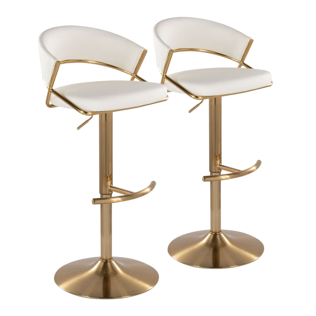 Jie Contemporary Adjustable Barstool with Swivel in Gold Metal and White Faux Leather with Rounded T Footrest by - Set of 2