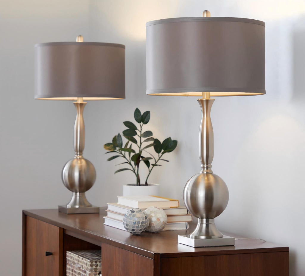 Joan 30" Contemporary Metal Table Lamp in Brushed Nickel with Grey Satin Shade from Grandview Gallery - Set of 2