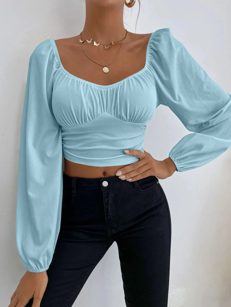 Women’s Boho Ruched Sweetheart Neck Lantern Sleeve Black Slim Crop Top Summer Blouse Stylish Korean Tee Shirt