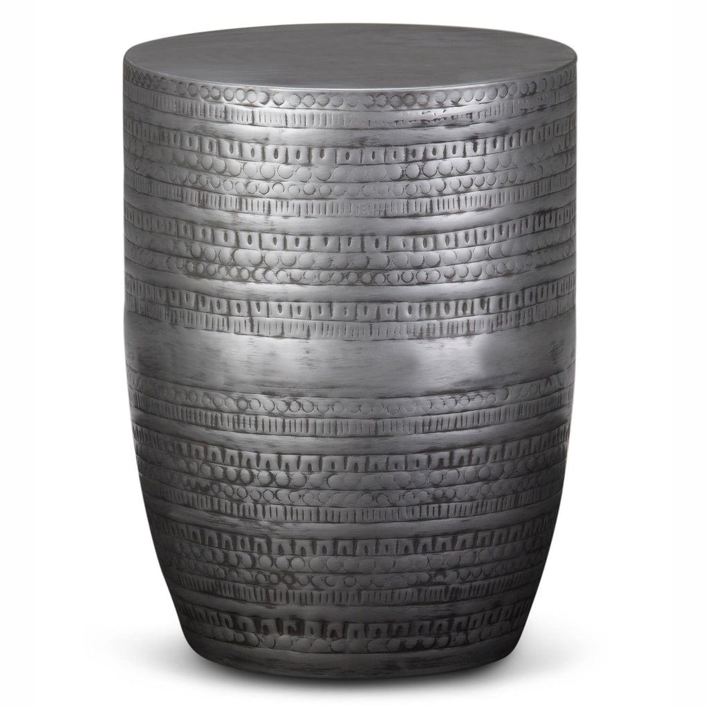 Johnsen 15 inch Wide Tribal Pattern Metal Accent Table in Antique Silver