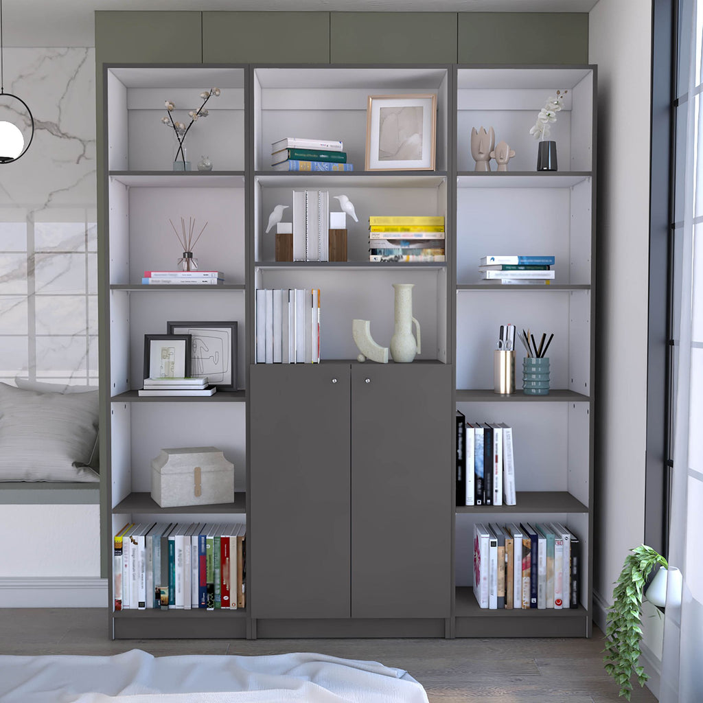 June 3 Piece Home Bookcase set, 60" Wide with 13 Shelves and 2-door Cabinet , Living Room Set Matt Gray / White
