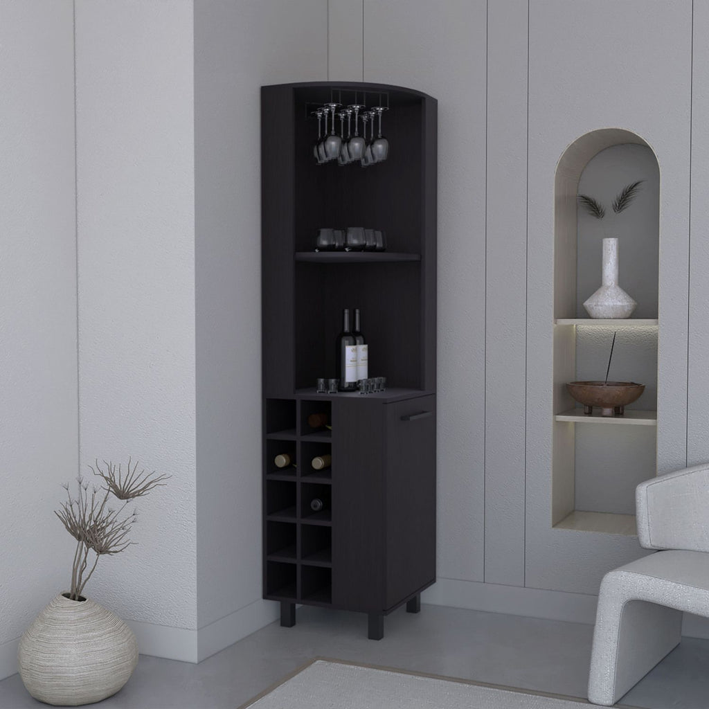 Kaia 70" Tall Corner Bar Cabinet With Four Shelves, Ten Wine Bottle Cubbies and Stemware in Black Wengue