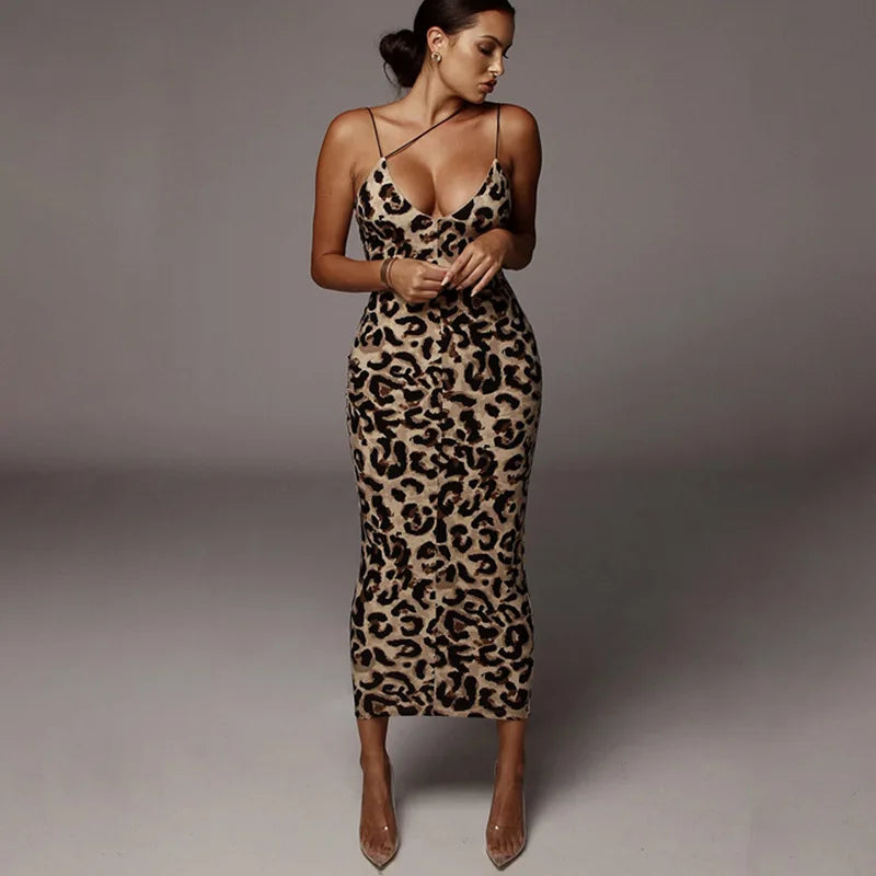 Leopard Print Sleeveless V-Neck Sexy Midi Dress for Spring and Holiday Party Wear