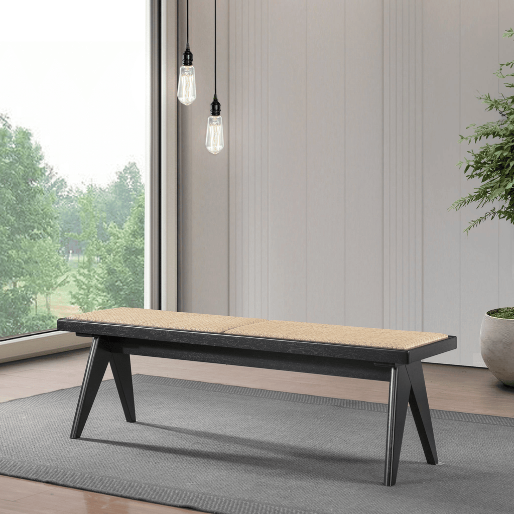 Keira Bench with Natural Rattan Upholstery and Black Solid Wood Legs, 51.2" Wide for Living Room, Entryway, Dining Room