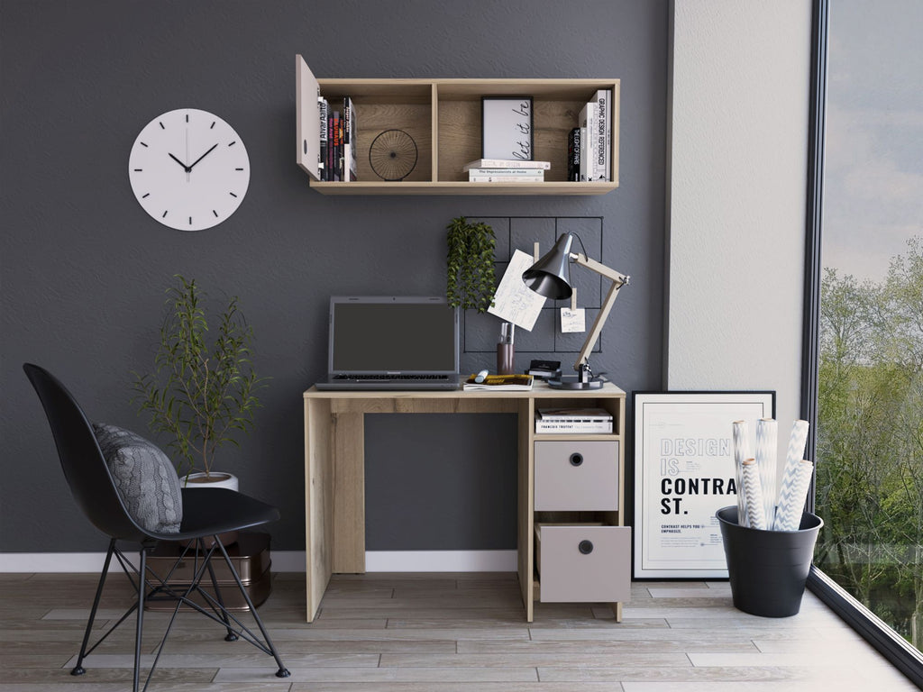 Khali Office Set, Two Shelves, Two Drawers, Wall Cabinet, Single Door Cabinet, -Light Oak / Taupe