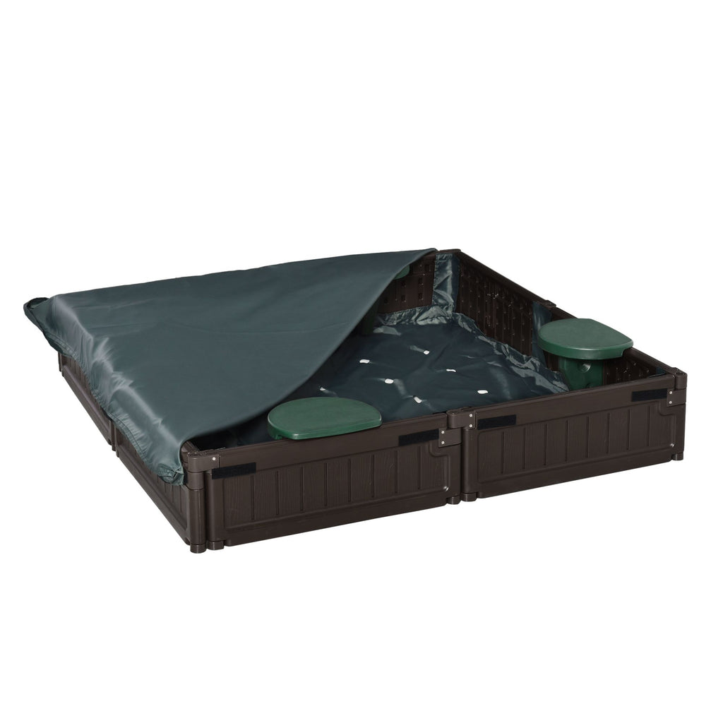 Kids Outdoor Sandbox with Cover Garden Bed, Easy Assembly Children's Play Station for Backyard, Brown, 48.5" x 48.5" x 8.25"
