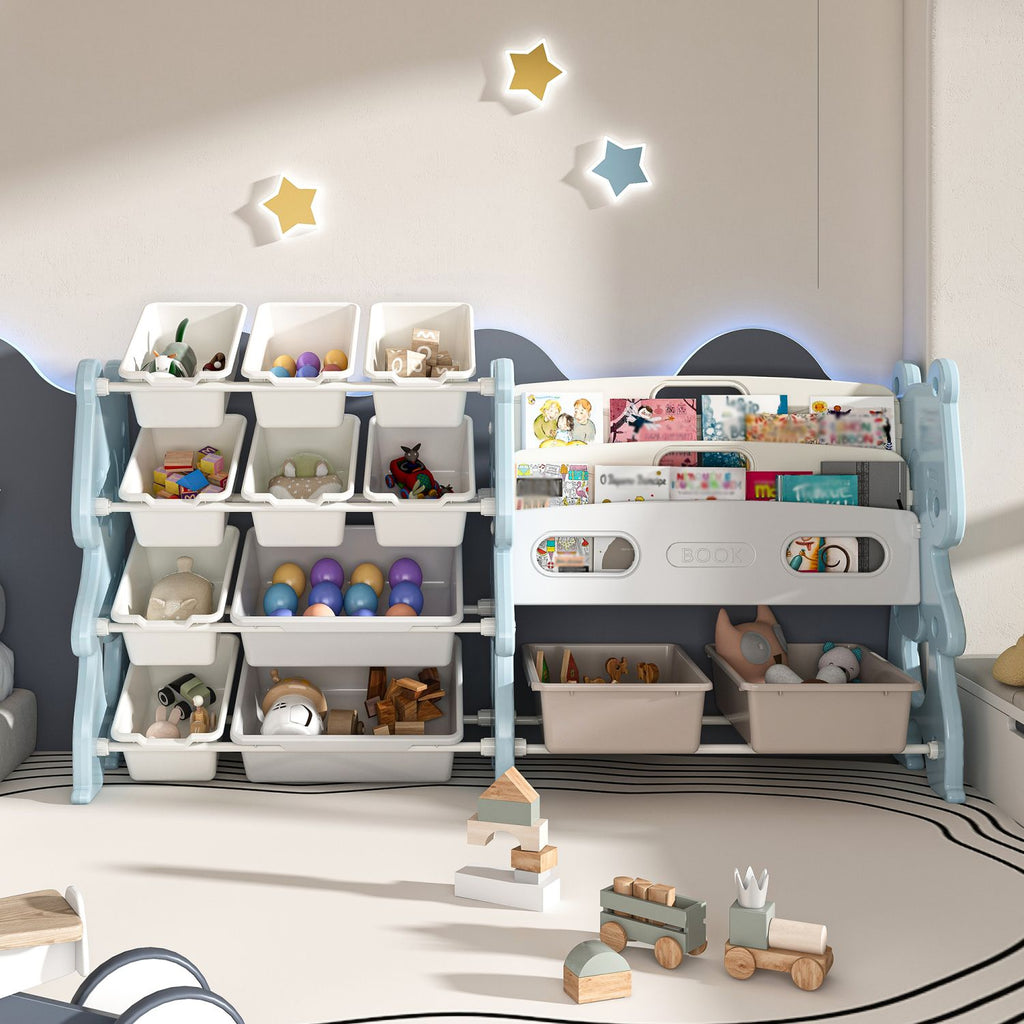 Kids Toy Storage Organizer, Toy Organizer with 2 Tier Bookshelf, Toy Storage with Shelf and 12 Toy Bins, Kids Bookshelf and Toy Storage for Playroom, Bedroom, Kids Room, Classroom