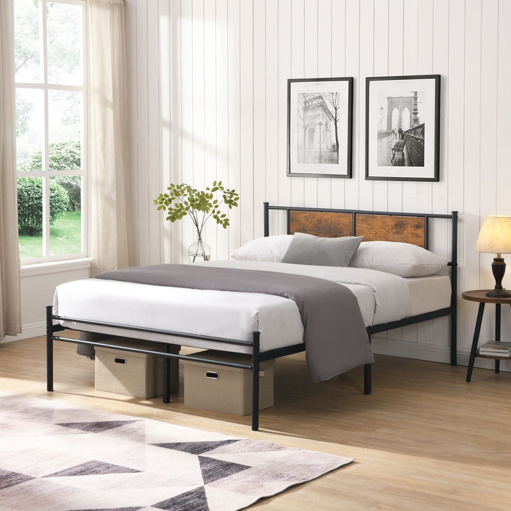 King Size metal bedframe,Headboard with wood panel decoration,black