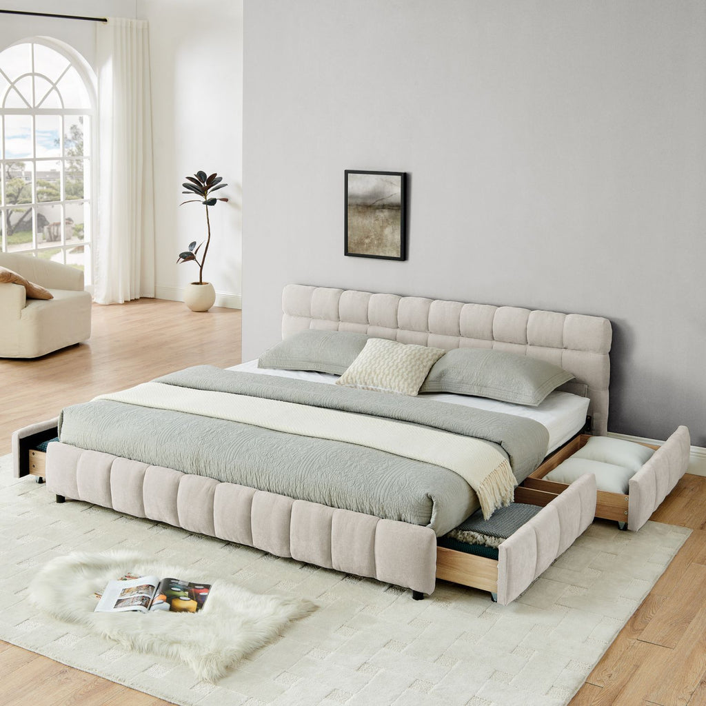 King Size Upholstered Bed ,comfortable upholstered bed frame, Chenille fabric, with headboard and solid bed frame. With drawer for storage.-Beige(88.5''*85.5''*31'')