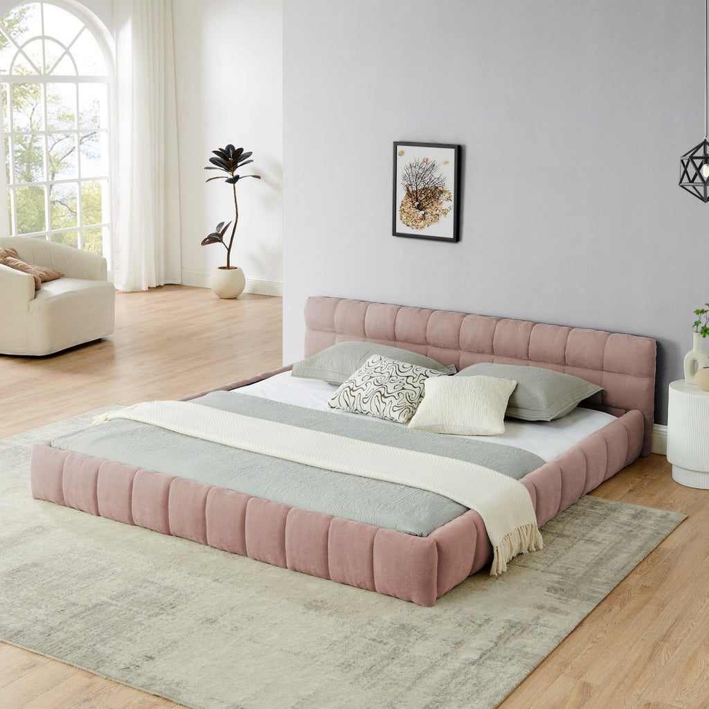 King size Upholstered Bed Frame with Thick Fabric, Chenille Fabric Grounded Queen Size Platform Bed with Headboard and Solid Frame. No Box Spring Needed-Pink(88.5''*85.5''*31'')