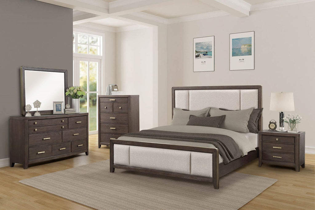 King Upholstered Headboard & Footboard Antique Brown Wood Finish with Traditional Styling