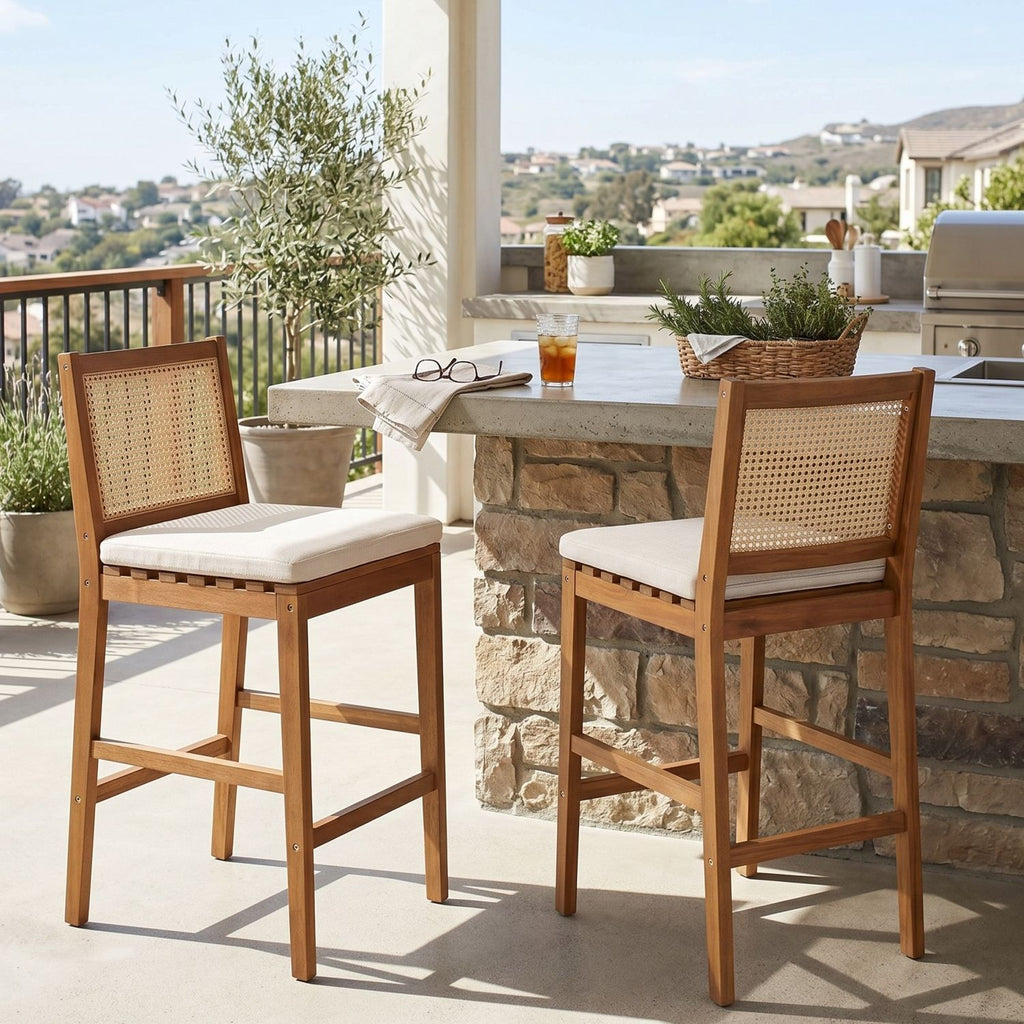Kirkby Outdoor Barstool with Cushion, Teak Finish Wood with Yellow Wicker, Set of 2