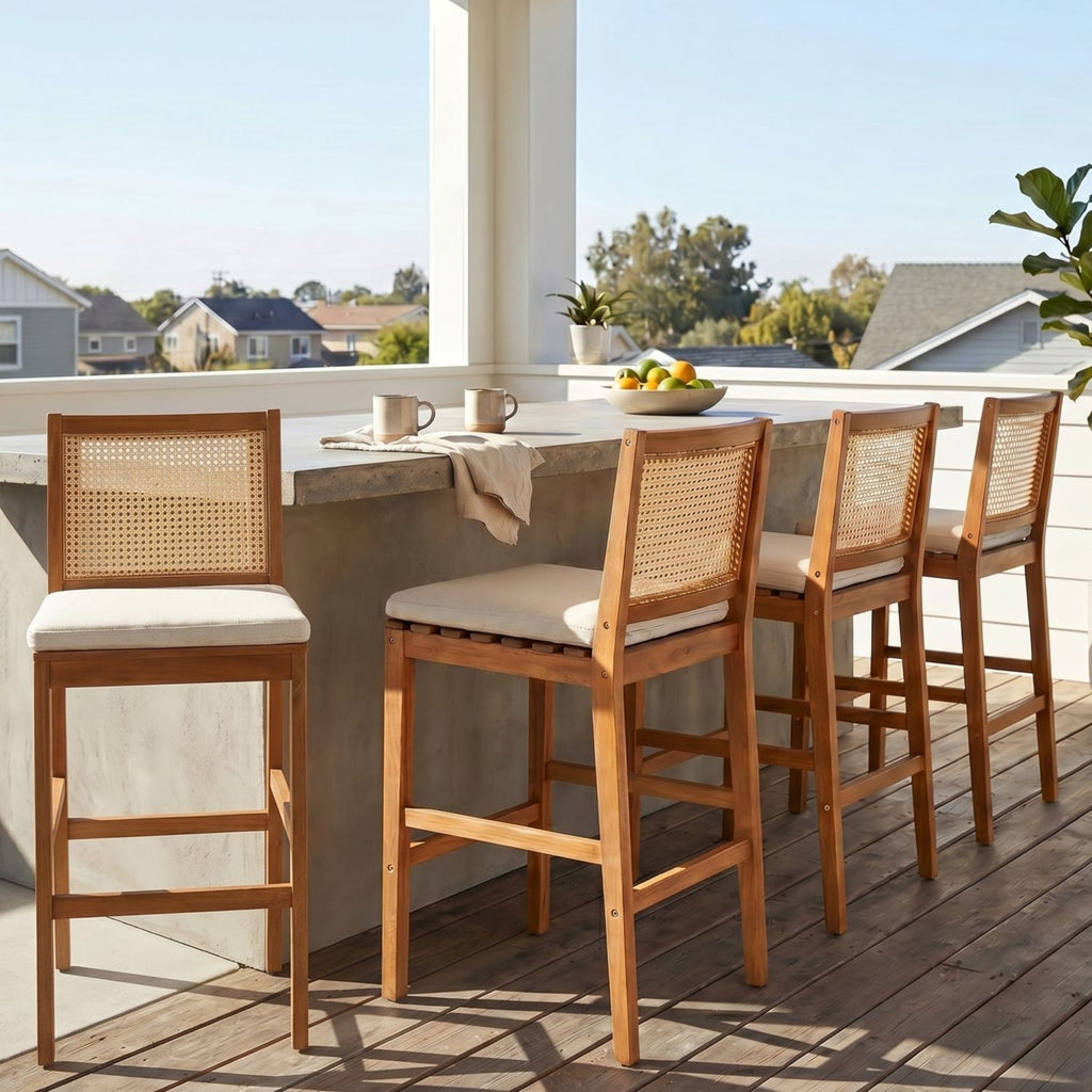 Kirkby Outdoor Barstool with Cushion, Teak Finish Wood with Yellow Wicker, Set of 4