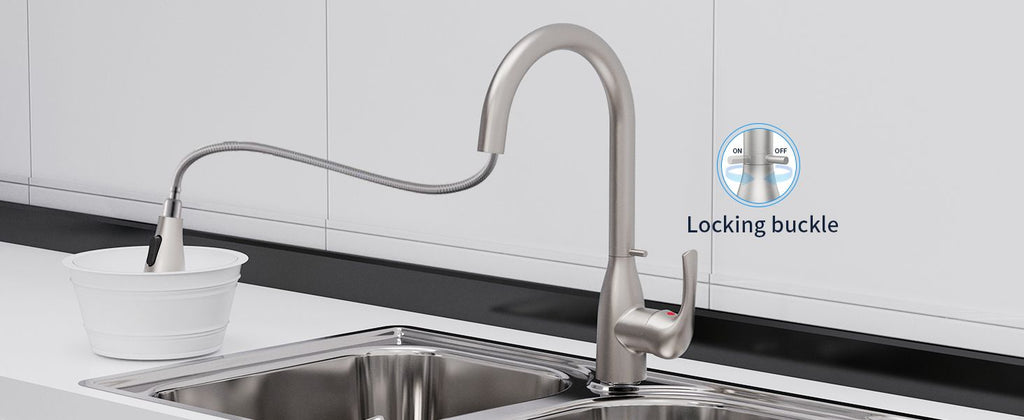 Kitchen Faucet with Pull Down Sprayer and 4 Spraying Modes Brushed Nickel Commercial 1 or 3 Hole Kitchen Faucets with Locking Buckle for Farmhouse Rv Bar Sinks