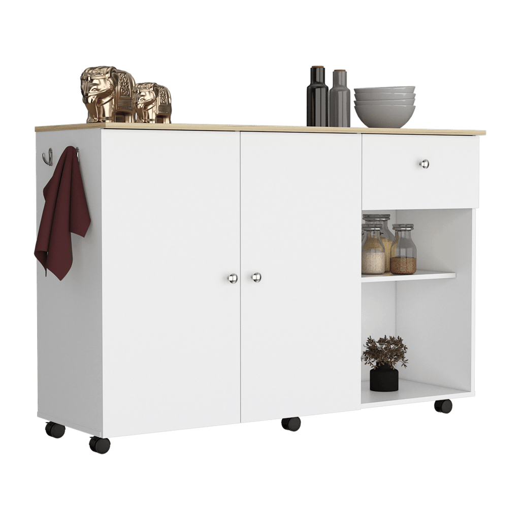 Kitchen Island Cart, Six Carter, One Drawer, Double Door Cabinet, Two External Shelves, Four Interior Shelves, White / Pine