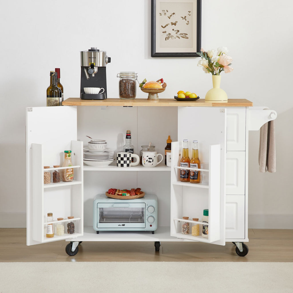 Kitchen Island with Drop Leaf Countertop, Rolling Kitchen Island Cart , Barn Door Kitchen Island Table with Storage Cabinet and Tower Rack, Island Table On Wheels for Kitchen, White