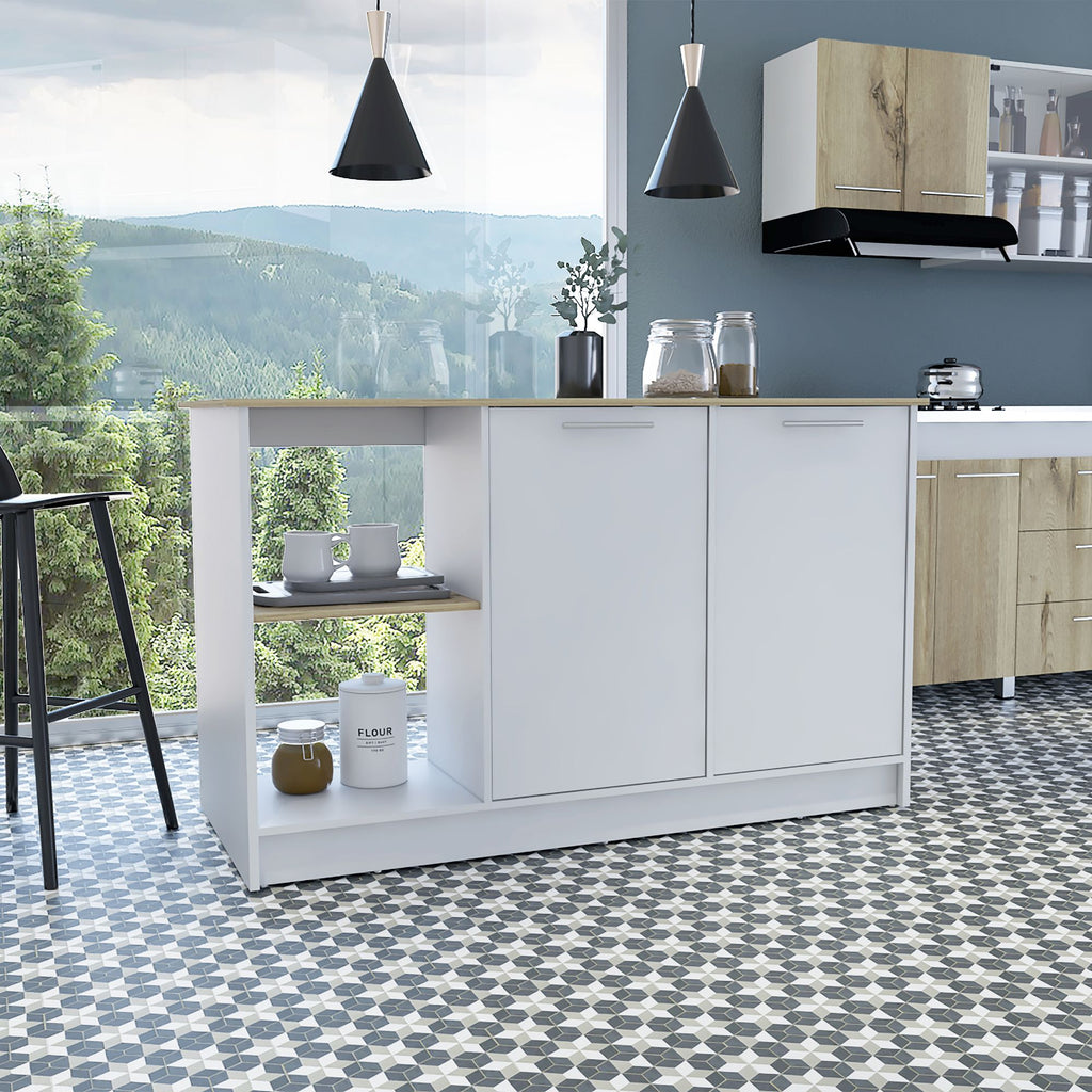 Kitchen Island with Large Countertop, Open Storage Shelves and Double Door Cabinet, White / Light Oak