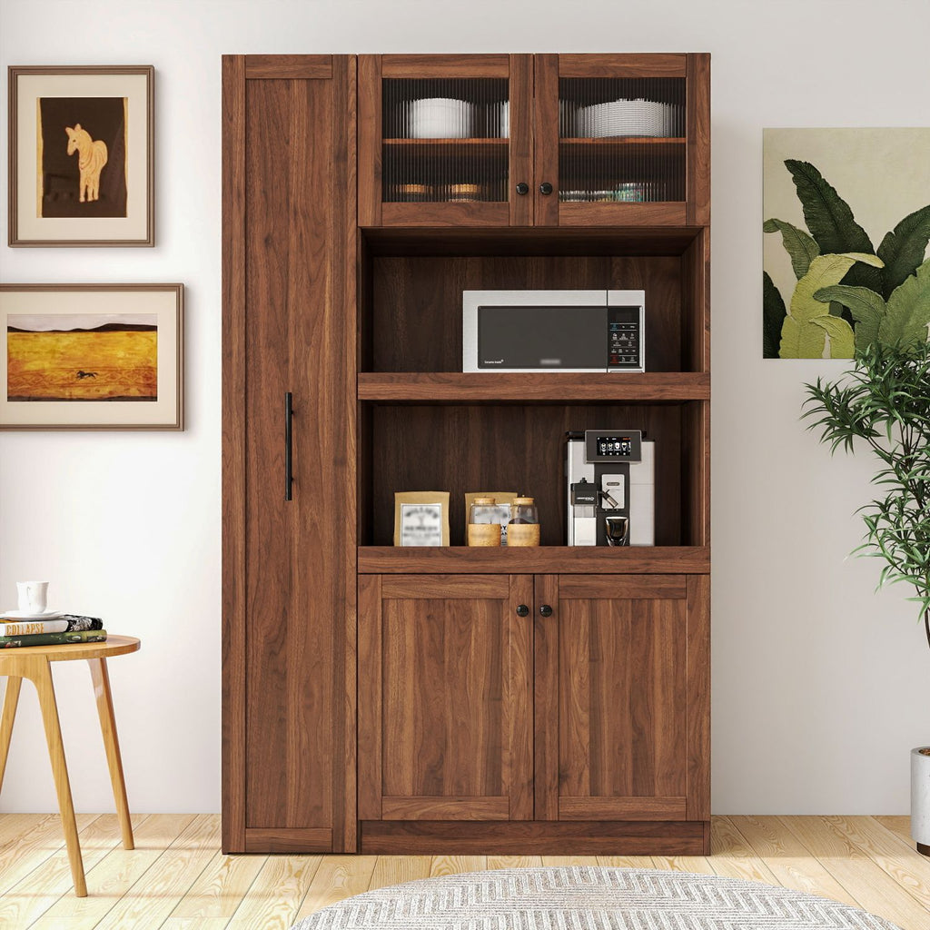 Kitchen pantry cabinet with multi-functional pull-out multi-tier storage shelf,Farmhouse Storage Cabinet with 4 Doors,Pantry Organizers for Kitchen,Dining Room