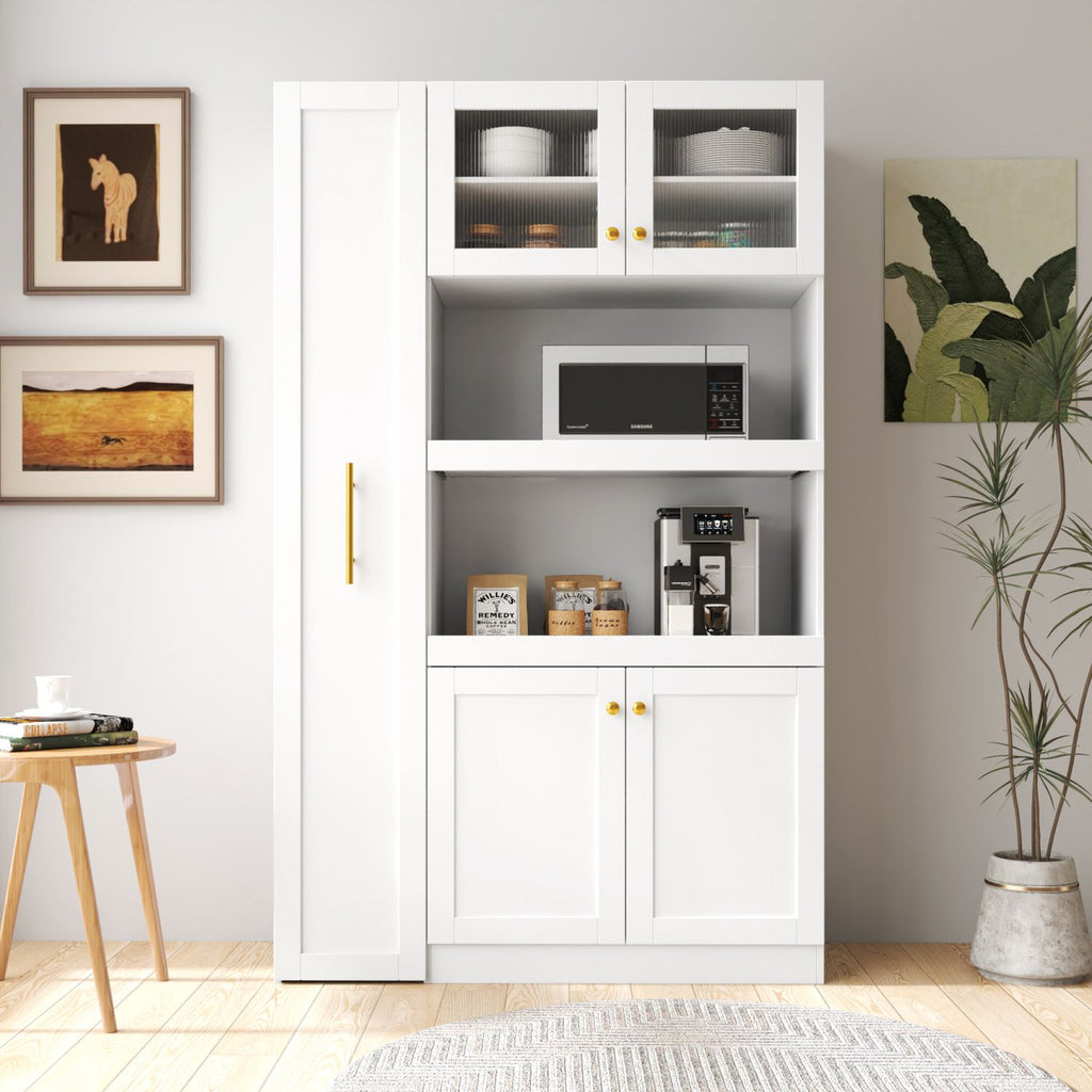 Kitchen pantry cabinet with multi-functional pull-out multi-tier storage shelf,Farmhouse Storage Cabinet with 4 Doors,Pantry Organizers for Kitchen,Dining Room(White)