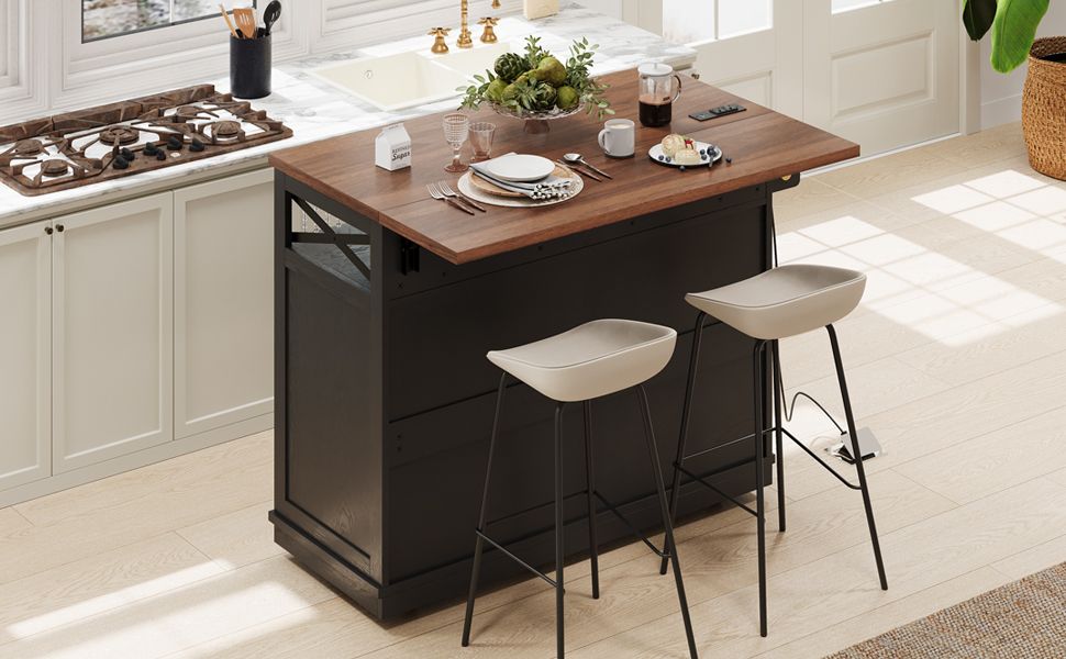 K&K 46.5'' Farmhouse Kitchen Island with Drape of Beads, Power Outlet, Rolling Kitchen Cart on Wheels with Drop Leaf, 3 Doors , 3 Drawers and Internal Iron Shelf, for Kitchen, Dining Room, Black
