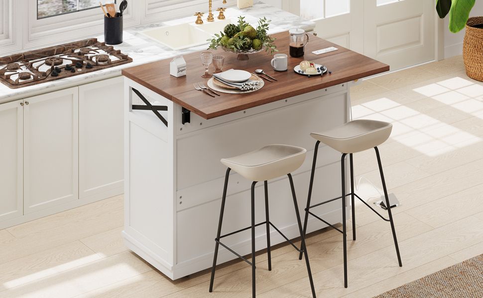 K&K 46.5'' Farmhouse Kitchen Island with Drape of Beads, Power Outlet, Rolling Kitchen Cart on Wheels with Drop Leaf, 3 Doors , 3 Drawers and Internal Iron Shelf, for Kitchen, Dining Room, White