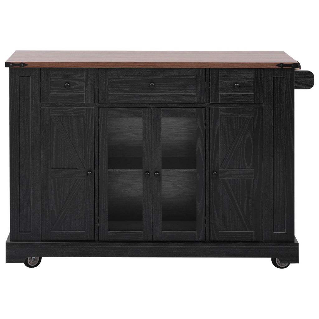 K&K 53'' Farmhouse Kitchen Island with Two Tempered Glass Cabinet Doors, Power Outlet, Rolling Kitchen Cart on Wheels with Drop Leaf, 5 Open Side Racks, 3 Drawers, for Kitchen, Dining Room, Black