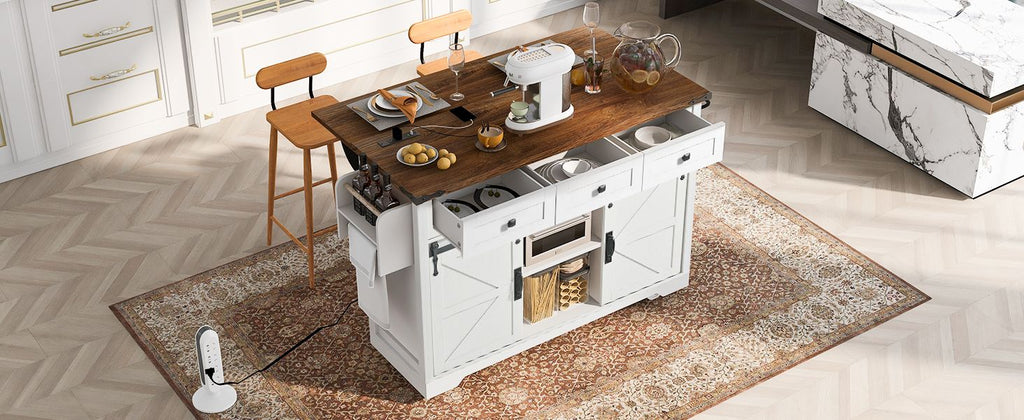 K&K 53.7" Farmhouse Kitchen Island with Power Outlet, 2 Sliding Barn Door Kitchen Storage Island with Drop Leaf, Spice Rack Rolling Kitchen Cart on Wheels, for Home, Kitchen and Dining Room, White