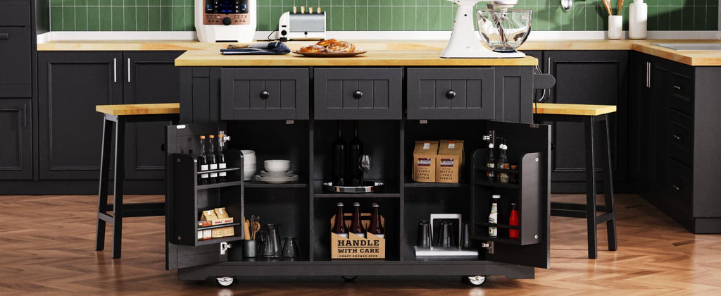 K&K 53inch Large Kitchen Island with Drop Leaf, Power Outlet, Door Internal Storage Rack, Rolling Kitchen Cart on 5 Wheels with 5 Open Side Racks for Kitchen, Dining Room,Black(Not include bar stools)