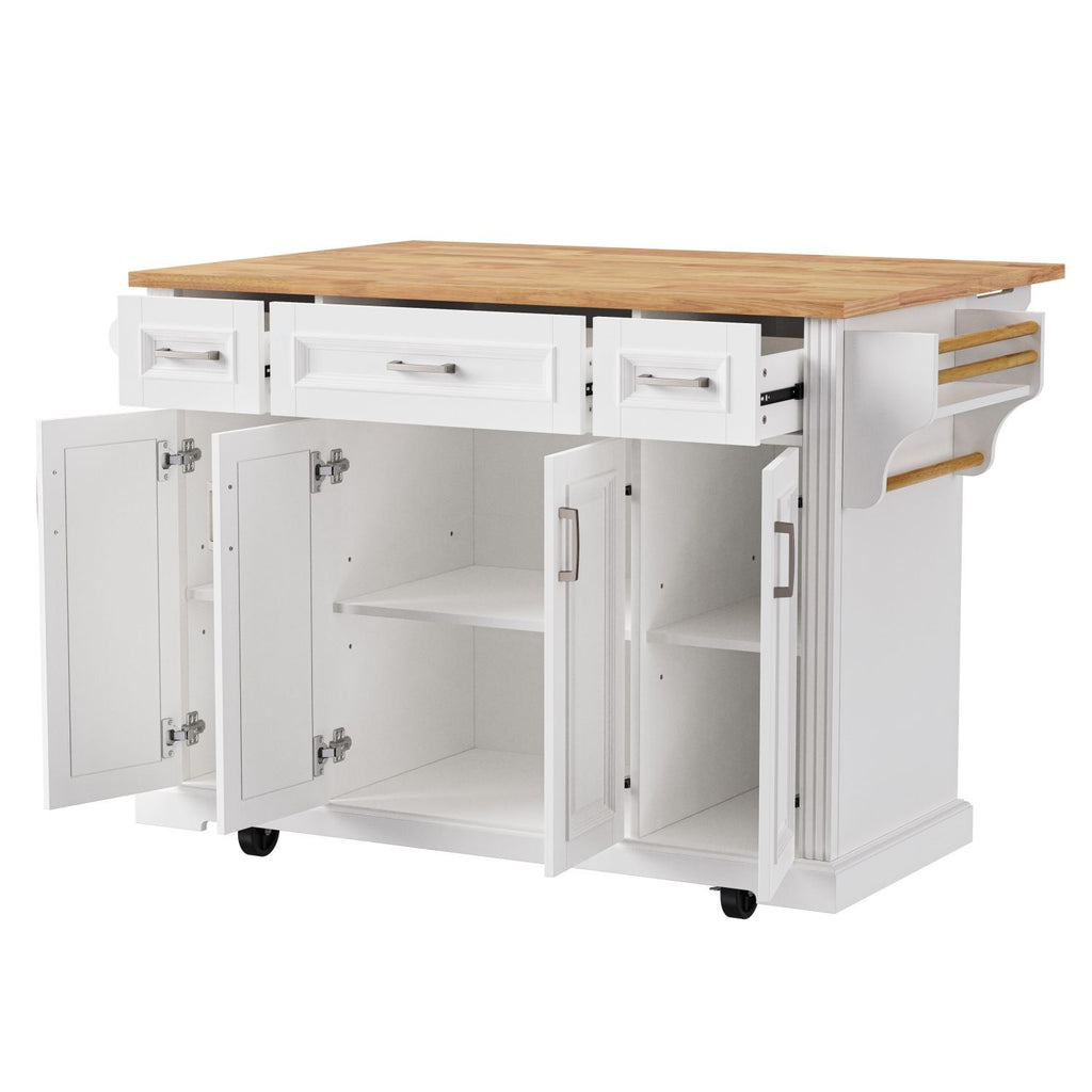K&K 54inch Large Kitchen Island with Rubber Wood Drop Leaf, Embossed Texture Rolling Kitchen Cart on 4 Wheels with 4 Doors and 3 Drawers, Kitchen Island with Storage for Kitchen, Dining Room,White