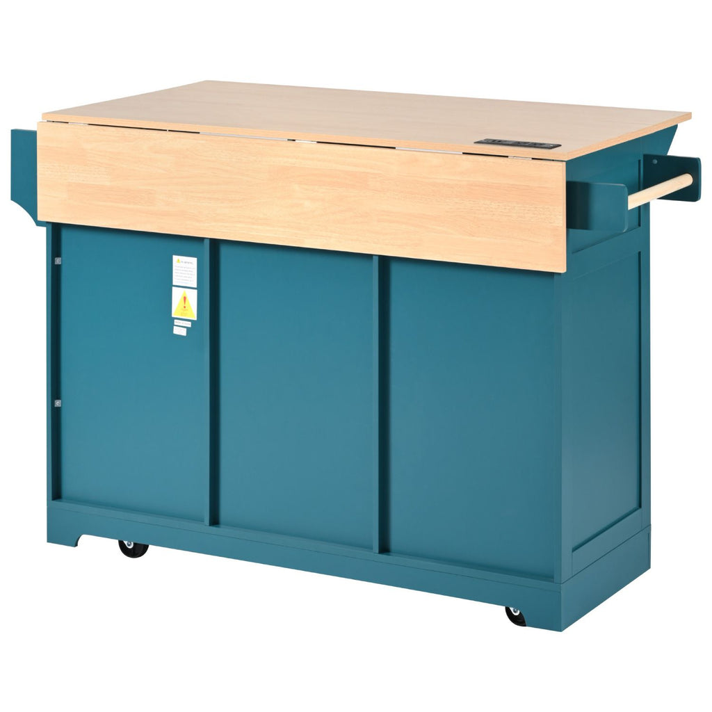K&K 55.7'' Large Kitchen Island with 2 Drop Leaf,, Rolling Kitchen Cart on 5 Wheels with Power Outlet, Folding Storage Dining Table with Spice & Towel Rack , 3 Drawers, for Kitchen, Dining Room,Green