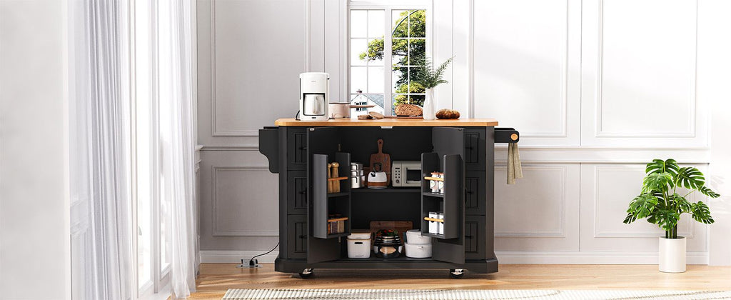 K&K 56 inch Kitchen Island with Rubber Wood Veneer Drop Leaf, Power Outlet, 4 Door Shelves, Embossed Vertical Stripe Rolling Kitchen Cart on 4 Wheels with 6 Deep Drawers for Kitchen, Dining Room,Black