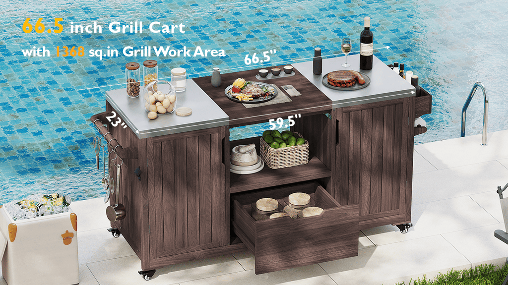 K&K 66.5" Outdoor Kitchen Island for Big Green Egg Grills, Solid Wood Outdoor Grill Cart for Tabletop Grill with Stainless Steel Top, Drawer, Compatible with Large Big Green Egg, Kamado Joe-Dark Brown