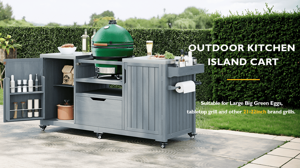 K&K 66.5" Outdoor Kitchen Island for Big Green Egg Grills, Solid Wood Outdoor Grill Cart for Tabletop Grill with Stainless Steel Top, Drawer, Compatible with Large Big Green Egg, Kamado Joe- Grey Blue