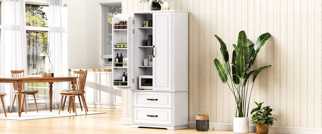 K&K 71" Farmhouse Kitchen Pantry Cabinet with 2 Large Drawers,Embossed Texture Freestanding Cupboard Cabinet with 8 Door Shelves and 3 Cabinet Shelves for Kitchen,Dining Room,Living Room,Laundry,White