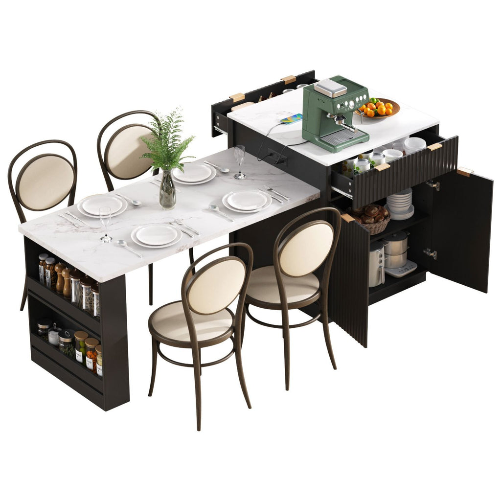 K&K 82.6" Fluted Kitchen Island with Extendable Dining Table for 4-6, Island Table for Kitchen with Power Outlet, Kitchen Table with Double-Side Storage, 2 Drawers 2 Side Open Shelves, Black