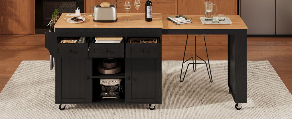K&K 85.5" Kitchen Island with Extendable Dining Table, Kitchen Storage Table with 3 Side Open Shelves, Rolling Kitchen Island with Power Outlet, 3 Drawers, 2 Doors, for Kitchen, Dining Room, Black