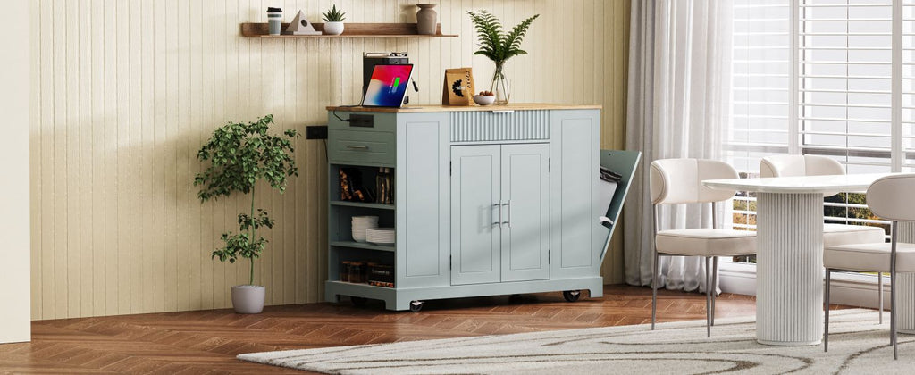 K&K Fluted Kitchen Island with Trash Can Storage Cabinet, Power Outlet, Internal Storage Rack, Rolling Kitchen Islands on 5 Wheels with 3 Drawer, 3 Open Side Racks for 10 Gallon Garbage Bin,Grey Blue