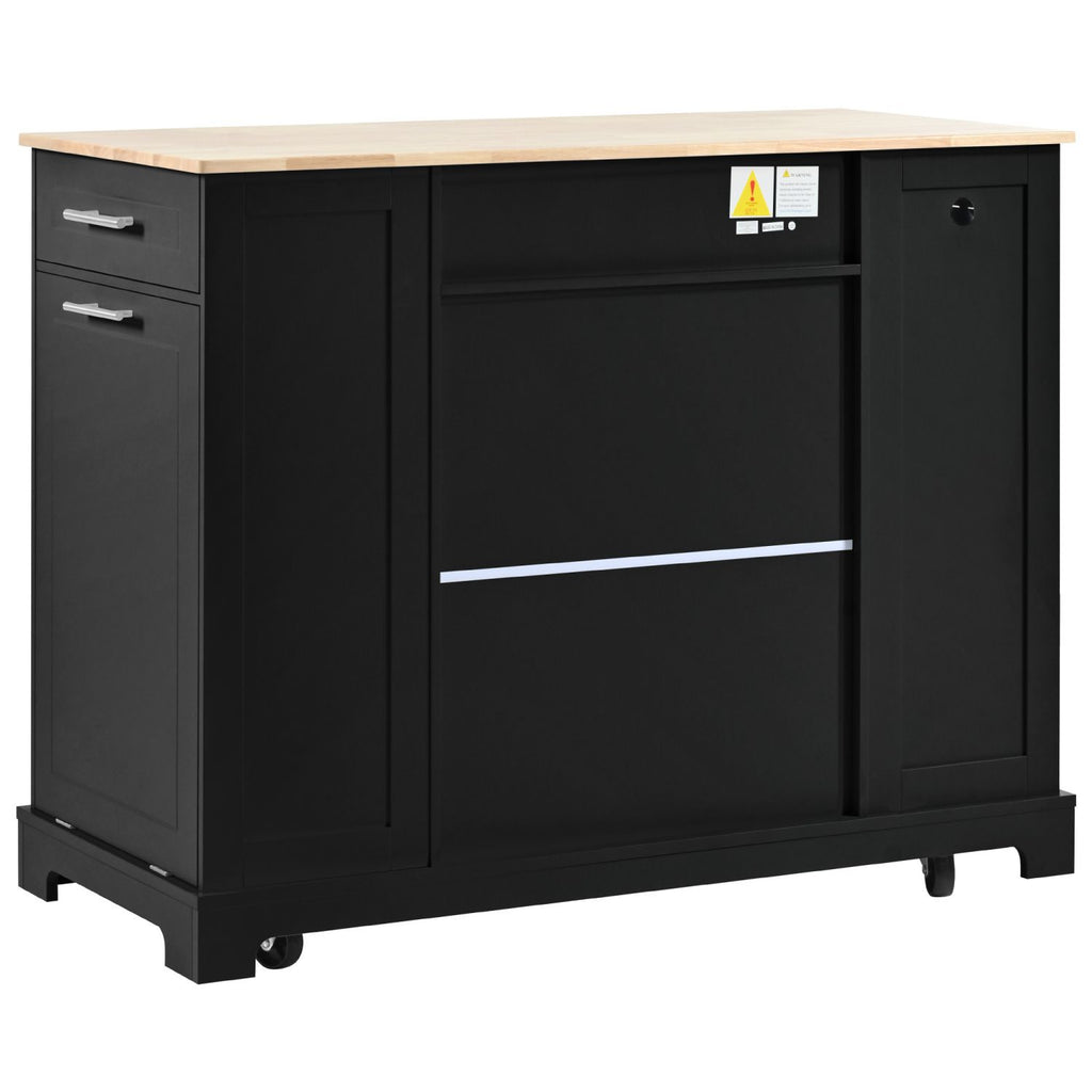 K&K Fluted Kitchen Island with Trash Can Storage Cabinet, Power Outlet, Internal Storage Rack, Rolling Kitchen Islands on 5 Wheels with 3 Drawer, 3 Open Side Racks for 10 Gallon Garbage Bin, Black